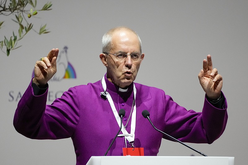 FILE - Archbishop of Canterbury Justin Welby delivers his speech at a interreligious meeting, in Rome on Oct. 6, 2021. A group of Anglican bishops from Africa, Asia, Latin America and the Pacific said Monday that they no longer recognize Archbishop of Canterbury Justin Welby as their leader, deepening a rift within the global Anglican Communion over gay marriage. (AP Photo/Gregorio Borgia, File)