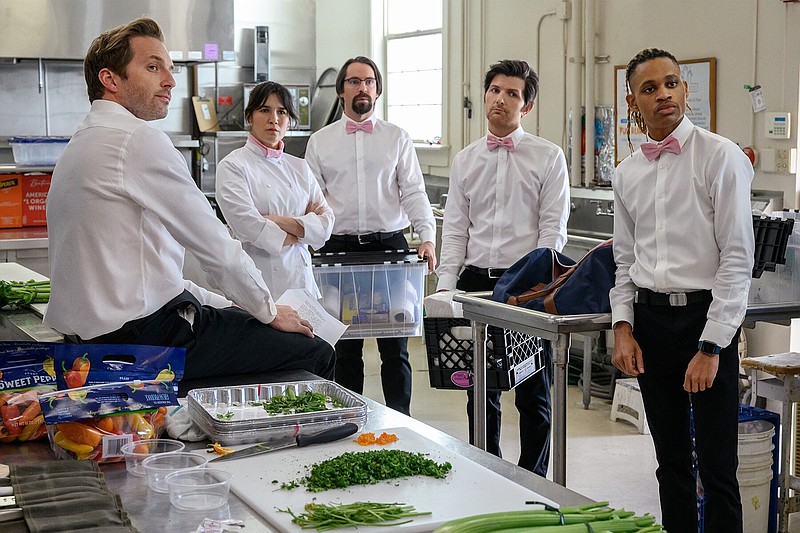 Ryan Hansen (from left), Zoë Chao, Martin Starr, Adam Scott and Tyrel Jackson Williams appear in Season 3 of “Party Down.” (Starz/Colleen Hayes)