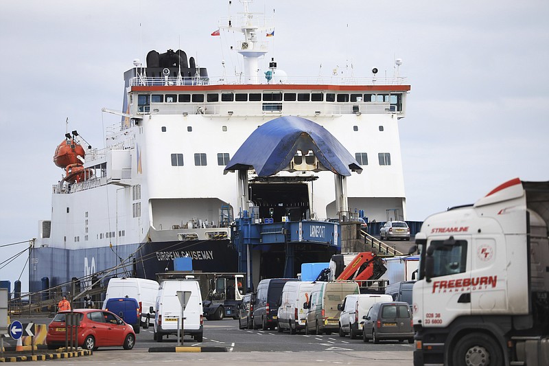 Freight lorries and cars board the P&amp;O ferry from Larne to Cairnryan at Larne Port, Northern Ireland, Monday, Feb. 27, 2023. The U.K. and the European Union were poised Monday to end years of wrangling and seal a deal to resolve their thorny post-Brexit trade dispute over Northern Ireland. (AP Photo/Peter Morrison)