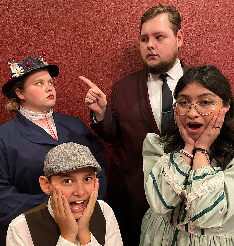 Photo Submitted by Ken Schutten
Kaitlyn Epling (left) as Mary Poppins, Josiah Wedell as Michael Banks, Jacob Winkler as George Banks, and Melanie Alvarez as Jane Banks are pictured in a scene from Mary Poppins Jr., which will be presented at the McDonald County Little Theatre.