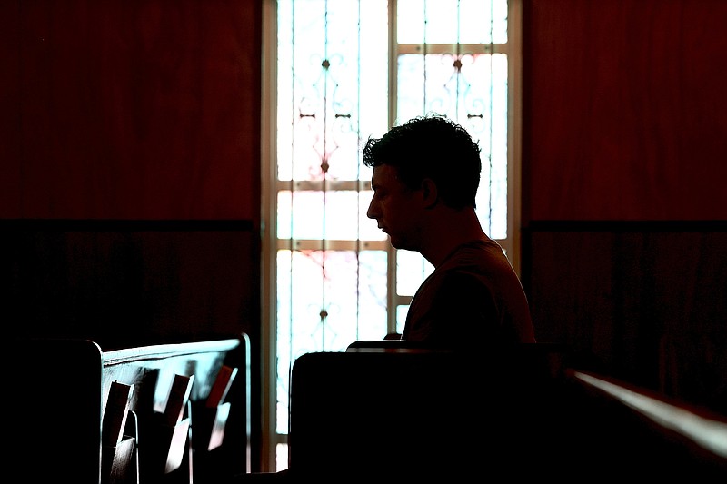 Steven Hollibush, who represents Ward 3 on the Texarkana, Ark., Board of Directors, prays during A Day of Prayer on Wednesday, March 1, 2023, at Mount Orange Baptist Church in Texarkana, Texas. The region-wide event was held from 7 a.m. to 7 p.m. "We are praying for each other, our families, the community, the nation, for healing and restoration," said Barbara Pitts Riley of Mount Orange. Riley's husband, Johnny Jr., is senior pastor at the church. (Photo by JD for the Texarkana Gazette)