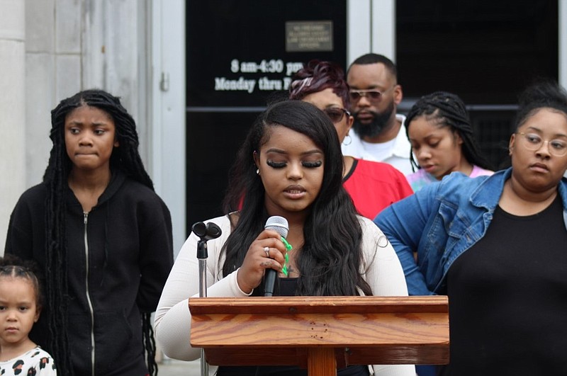 Photo by Michael Hanich.
The family of Quintin Miller holds a press conference at the Ouachita County Courthouse. The family is asking for a harsher sentence for the suspects in the February 22 shooting.