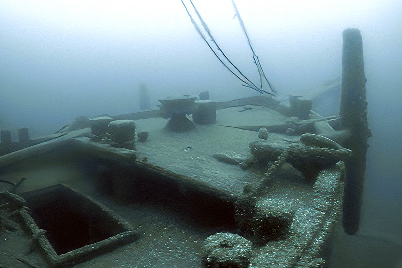 In this image taken from video, the bow of the Ironton is seen in June 2021 in Lake Huron off Michigan's east coast. (AP/Thunder Bay National Marine Sanctuary)