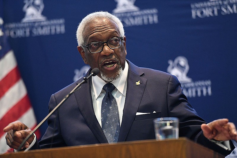 Fort Smith Mayor George McGill speaks Monday during the 2023 State of the City address in the Reynolds Room at the Smith-Pendergraft Campus Center at the University of Arkansas at Fort Smith. The event was hosted by the UAFS Democracy Project and the UAFS Political Science program. Visit nwaonline.com/photo for today’s photo gallery.

(River Valley Democrat-Gazette/Andy Shupe)