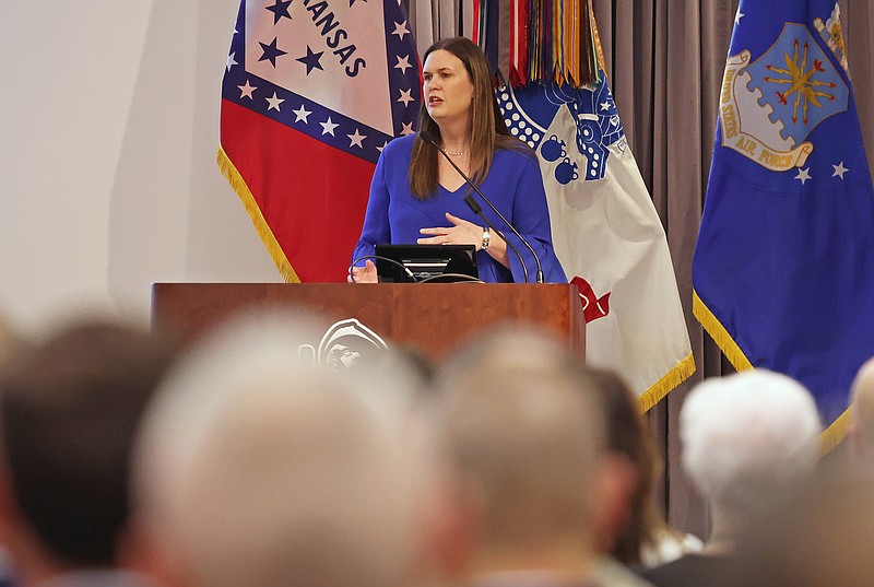 Gov. Sarah Huckabee Sanders addresses the audience during an Assumption of Command Ceremony for Arkansas National Guard Major General Jonathan M. Stubbs, not pictured, at Camp Robinson on Saturday, March 4, 2023. (Arkansas Democrat-Gazette/Colin Murphey)