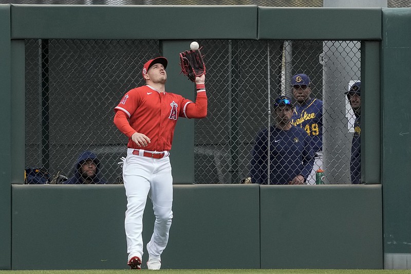 Los Angeles Angels' Mike Trout catches a fly ball near the wall hit by Milwaukee Brewers' Keston Hiura during the fifth inning of a spring training baseball game Wednesday, March 1, 2023, in Tempe, Ariz. (AP Photo/Morry Gash)