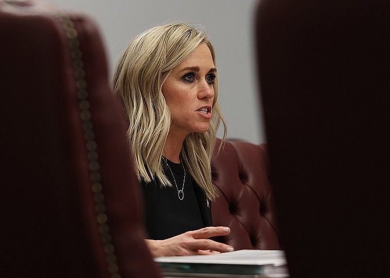 Sen. Breanne Davis, R-Russellville, addresses the Senate Committee on Education about an amendment to the LEARNS Act education bill at the Arkansas state Capitol on Monday, March 6, 2023. (Arkansas Democrat-Gazette/Colin Murphey)