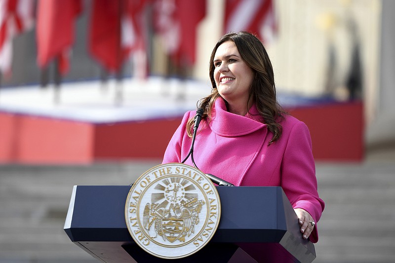 FILE - Arkansas Gov. Sarah Huckabee Sanders speaks after taking the oath of office, Jan. 10, 2023, in Little Rock, Ark. Arkansas lawmakers on Tuesday, March 7, approved a massive education bill that creates a new school voucher program, handing a major policy win to Sanders that critics said could threaten support for public schools. (AP Photo/Will Newton, File)