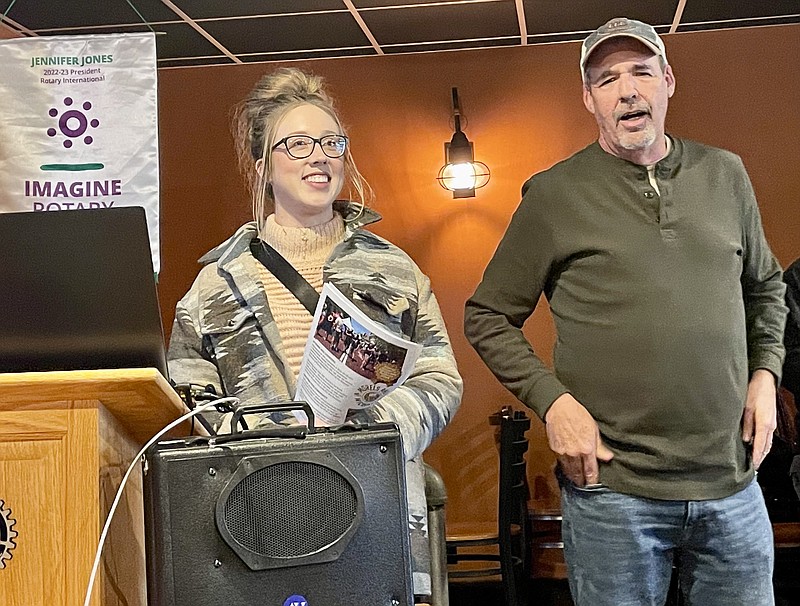 Photo courtesy Mary Ann Beahon: 
Blaine McQuaid Pestle (left) and Garry Vaught (right) speak to Fulton Rotarians about the upcoming Morels and Microbrews festival. This year's event will be on May 6 from noon-4 p.m.