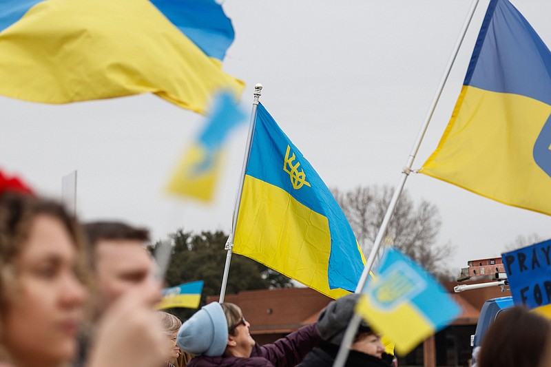 People rallied for Ukraine in The Colony on Saturday, Feb. 25, 2023. (Lola Gomez/The Dallas Morning News/TNS)