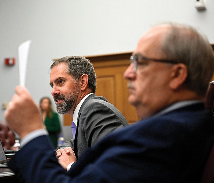 Arkansas Sen. Greg Leding, D-Fayetteville, asks a question during presentation of House Bill 1156, which would make transgender students use the bathroom of the gender they were assigned at birth or a single occupancy bathroom, during a meeting of the Senate Committee on Education at the state Capitol in Little Rock on Wednesday.
(Arkansas Democrat-Gazette/Stephen Swofford)