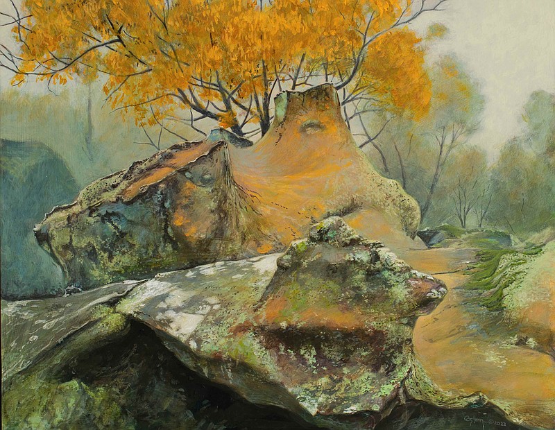 “Hoodoos in the fog on Petit Jean” is one of several works by Daniel Coston on display through March at Little Rock’s Cantrell Gallery. (Special to the Democrat-Gazette)