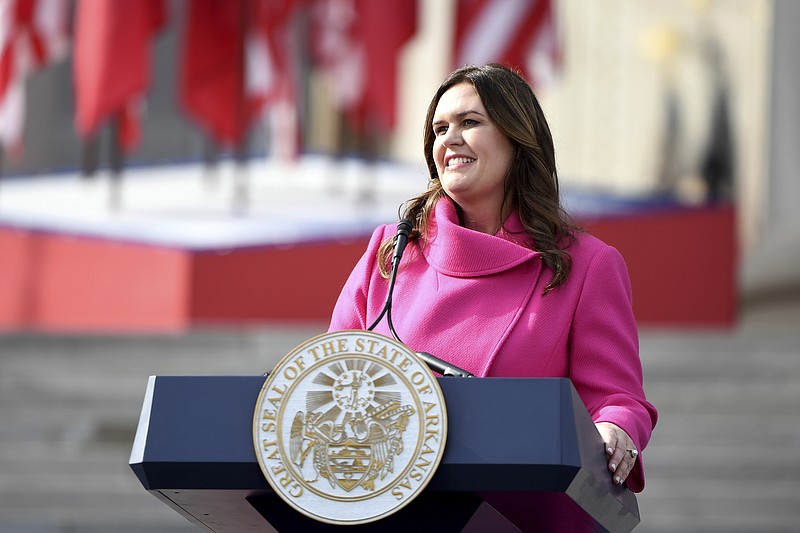 FILE - Arkansas Gov. Sarah Huckabee Sanders speaks after taking the oath of office, Jan. 10, 2023, in Little Rock, Ark. An effort to effectively reinstate Arkansas' blocked ban on gender-affirming care for minors by making it easier to sue doctors who provide such treatments was approved Wednesday, March 8, 2023, by lawmakers, and will head to Sanders' desk. (AP Photo/Will Newton, File)