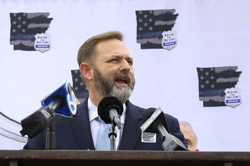 Former U.S. Attorney for the Eastern District of Arkansas Cody Hiland speaks March 2, 2021, at the state Capitol in Little Rock. Now the state Republican Party chairman, Hiland spoke Thursday during the monthly meeting of the Benton County Republican Committee.
(File Photo/Arkansas Democrat-Gazette/Staton Breidenthal)