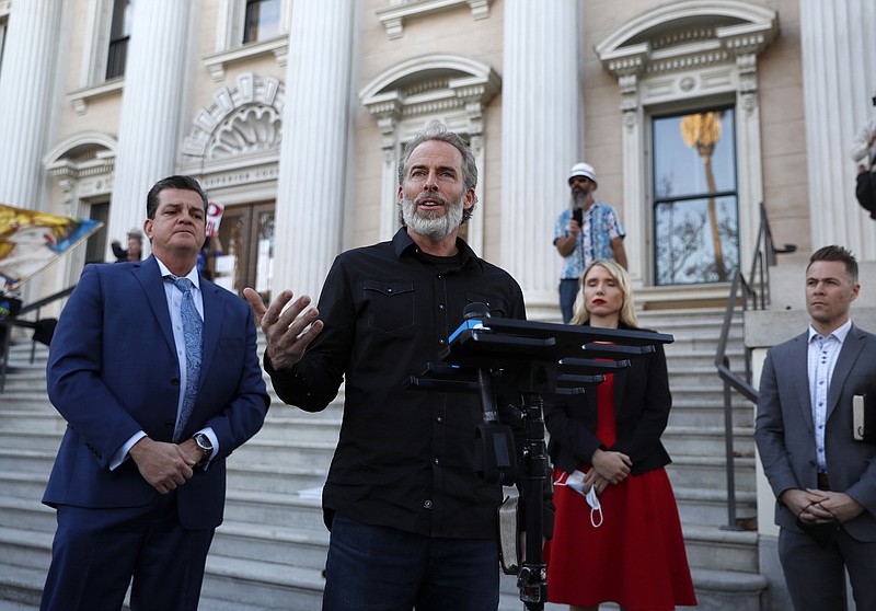 Pastor Mike McClure, from Calvary Chapel San Jose, speaks during a news conference outside of Santa Clara Superior Court on Dec. 8, 2020, in downtown San Jose, California. (Nhat V. Meyer/Bay Area News Group/TNS)