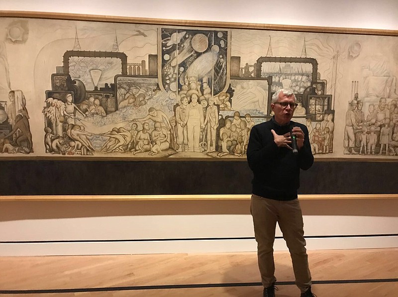 Guest curator James Oles talks about Diego Rivera’s now-destroyed “Man at the Crossroads” mural in front of a preliminary study for the project that is part of the “Diego Rivera’s America” exhibition at Crystal Bridges Museum of American Art in Bentonville. (Arkansas Democrat-Gazette/Philip Martin)