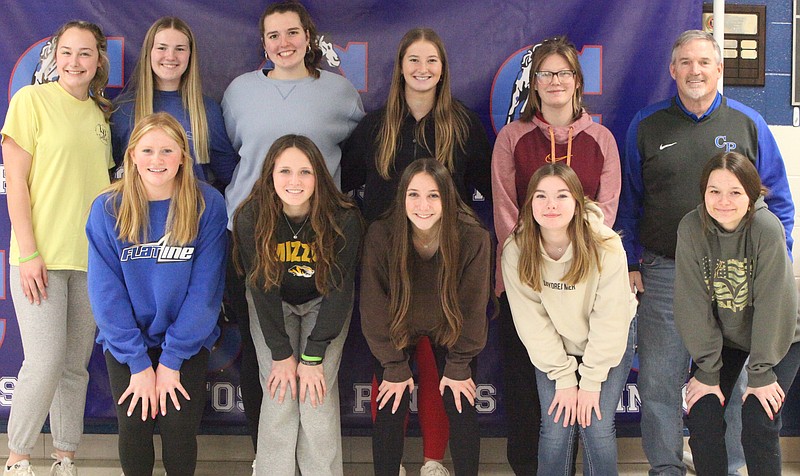 The 2022 California High School softball All-Academic Team. Back row from left to right: Gabby Rohrbach, Lanie Holtsclaw, Emma Russell, Addie Clay, Alexa Gunnerson, and Head Coach Steven Stock. Front row from low to right. Ryleigh Roellig, Peyton Dunham, Kinley Higgins, Alana Stepp, and Destiny Needy. (Democrat photo/Evan Holmes)