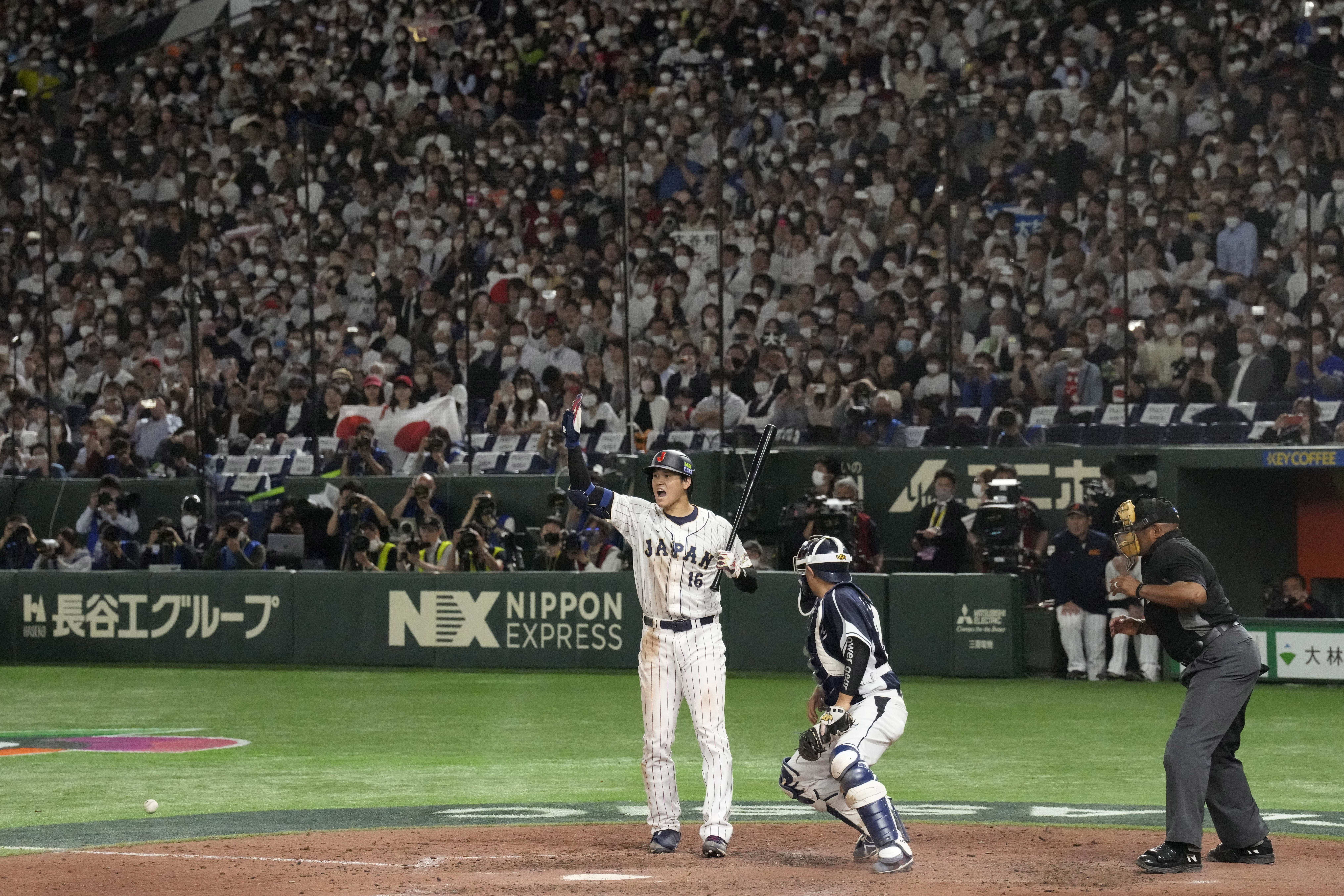 Japanese Shohei Ohtani celebrates after winning the World Baseball Classic ( WBC) Pool B match between Japan