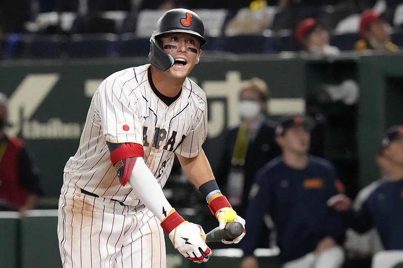 Lars Nootbaar of Japan reacts in 8th inning during the Pool B game between Japan and China at the World Baseball Classic (WBC) at the Tokyo Dome Thursday, March 9, 2023, in Tokyo. (AP Photo/Eugene Hoshiko)