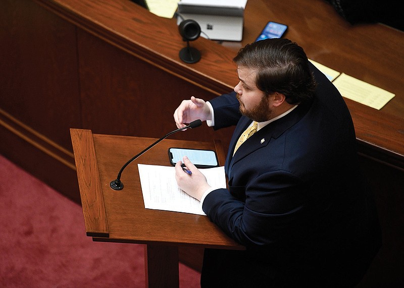Senator Ben Gilmore, R-Crossett, introduces House Bill 1196, which would add a work requirement for people in public housing, on the floor of the Arkansas Senate at the State Capitol on Monday, Feb. 20, 2023.
(Arkansas Democrat-Gazette/Stephen Swofford)