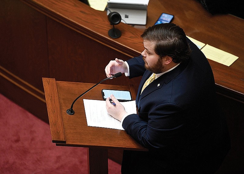 Senator Ben Gilmore, R-Crossett, introduces House Bill 1196, which would add a work requirement for people in public housing, on the floor of the Arkansas Senate at the State Capitol on Monday, Feb. 20, 2023. (Arkansas Democrat-Gazette/Stephen Swofford)