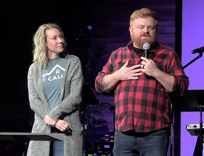 Lindsay, left, and Dave Hassell present their experience as adoptive parents with The CALL and the foster system to the attendees of The CALL Encounter event. – Photo by Courtney Edwards of The Sentinel-Record