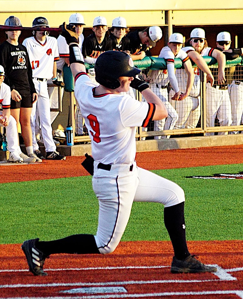 Randy Moll/Westside Eagle Observer file photo
Gravette's Holden Betz take a cut at a pitch during a home game earlier this month.