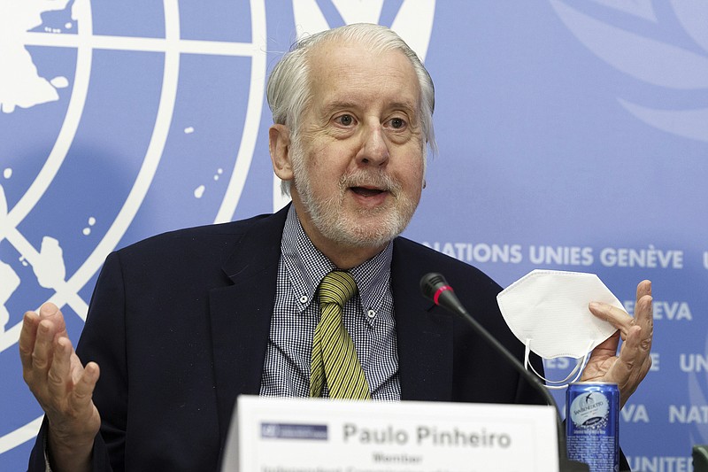 Brazilian Paulo Pinheiro, Chairperson of the Commission of Inquiry on Syria, talks to the media during a press conference, before presenting the last report by the Commission of Inquiry on the Syrian Arab Republic on the human rights situation in Syria at the 52nd session of the Human Rights Council, at the European headquarters of the United Nations in Geneva, Switzerland, Monday, March 13, 2023. (Salvatore Di Nolfi/Keystone via AP)