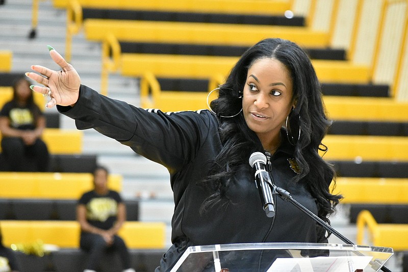 Lady Lions Coach Dawn Thornton makes remarks during a pep rally in her team's honor. (Pine Bluff Commercial/I.C. Murrell)