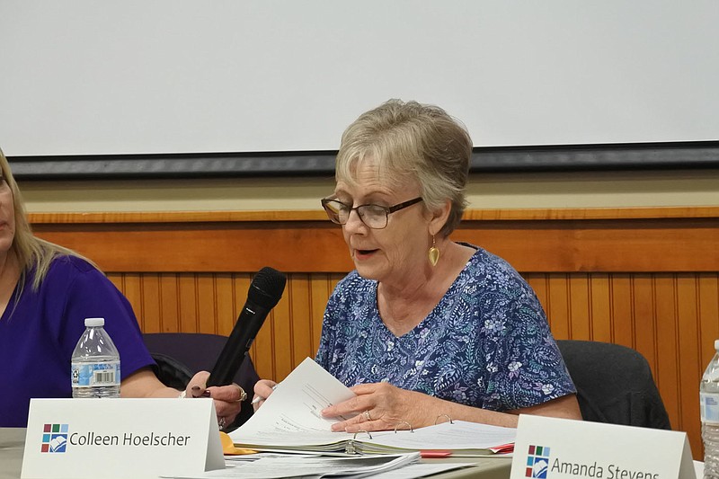 Colleen Hoelscher, a member of the Crawford County Library Board, speaks during the Library Board's meeting Tuesday. 
(River Valley Democrat-Gazette/Thomas Saccente)