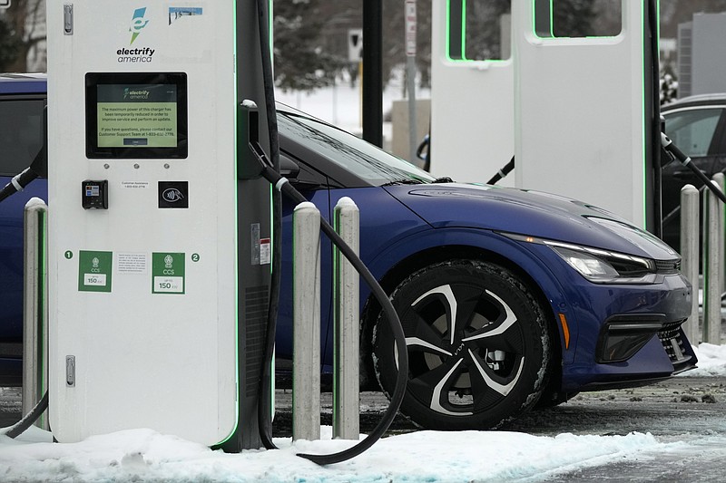 FILE - A Electrify America Charging Station for electric vehicles is seen at Westfield Old Orchard shopping center in Skokie, Ill., Jan. 29, 2023.  The federal government has announced $2.5 billion for the construction of EV charging stations and alternative fueling infrastructure across the U.S. The new grants come under the umbrella of President Joe Biden&#x2019;s goal of establishing 500,000 public EV charging stations by 2030. (AP Photo/Nam Y. Huh, file)