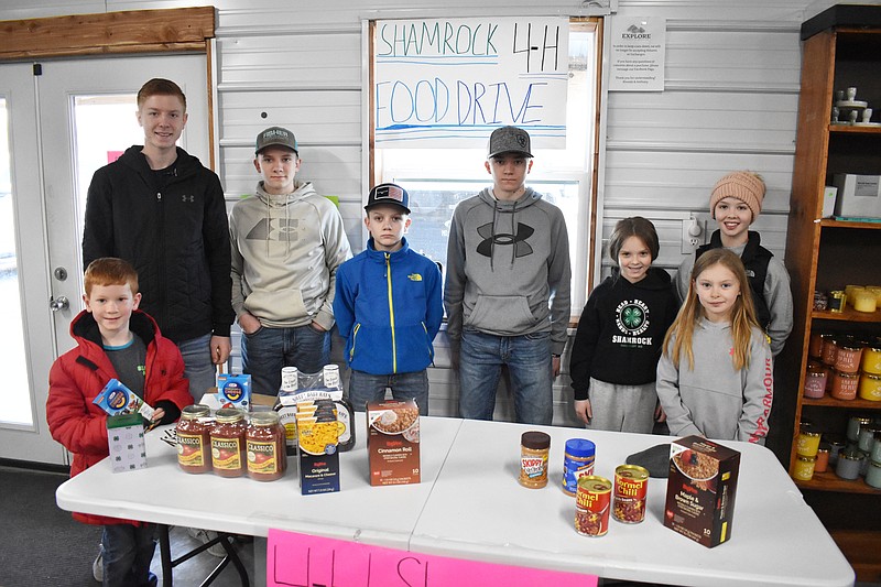 Democrat photo/Garrett Fuller — Shamrock 4-H Club members Hugh Hamill, from left, Brayden Hallford, Wade Fisher, Dane Fisher, Rhett Fisher, Trynleigh Porter, Braelynn Wittman and Bralynn Porter pose Saturday (March 18, 2023) with their in-person food drive table at the Explore Variety Store. Shamrock 4-H and other Moniteau County 4-H clubs are competing to get the most donations to win a pizza party from the Moniteau 4-H Council.