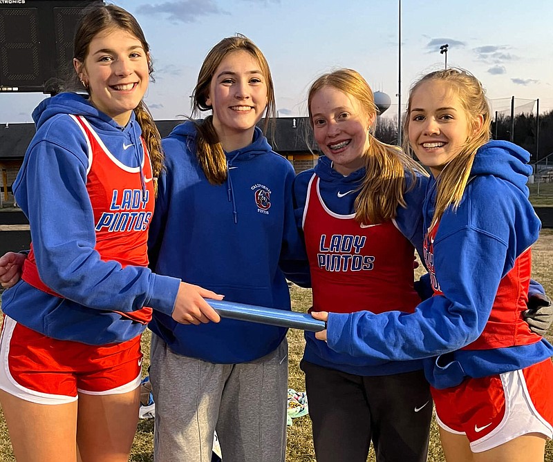 Tayte Higgins, Hailey Rademan, Allie Heather, and Kierstyn Lawson ran the 4X400 relay for California at Fulton on Friday. (Photo submitted by Eric Stout)
