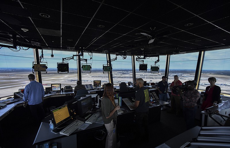 The air traffic control tower at Dulles International Airport is seen September 2016 during a tour by the FAA, UPS and United Airlines, who watched a demonstration of new safety technology. (Washington Post photo by Ricky Carioti)