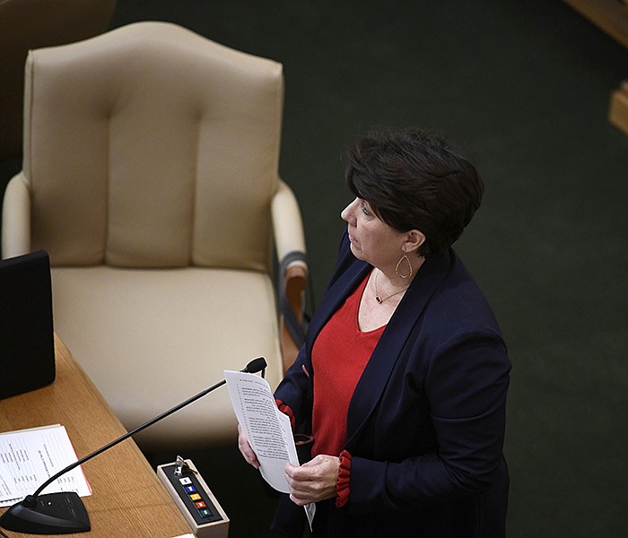 Arkansas Representative Mary Bentley, R-Perryville, watches the screens as votes are cast on House Bill 1156, which would ban trans students from using the bathroom of their identified gender, during a meeting of the House of Representatives on Wednesday, March 15, 2023.

(Arkansas Democrat-Gazette/Stephen Swofford)