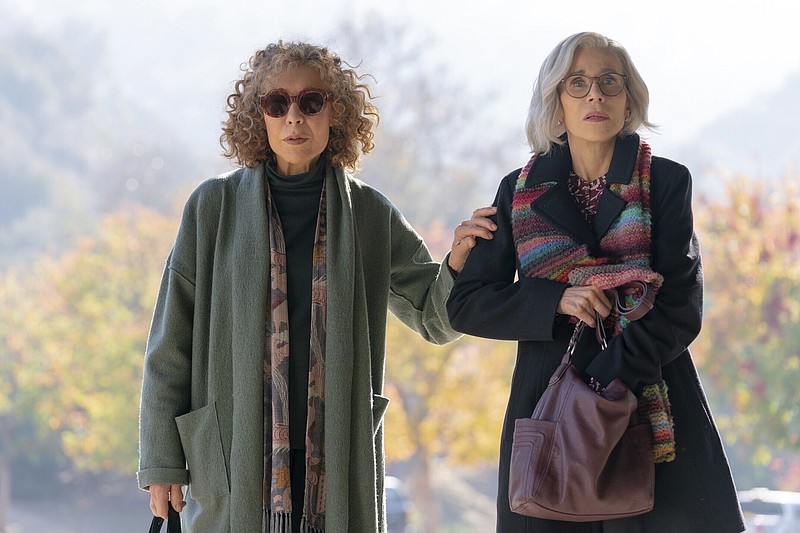 This image released by Roadside Attractions shows Lily Tomlin, left, and Jane Fonda in a scene from &quot;Moving On.&quot; (Glen Wilson/Roadside Attractions via AP)