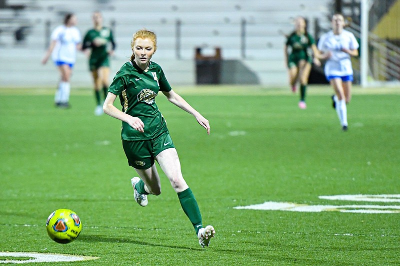Teagan Thrasher of Alma controls the ball, Friday, March 10, 2023, during the first half of a match against Harrison at Airedale Stadium in Alma. Visit nwaonline.com/photo for today's photo gallery.
(River Valley Democrat-Gazette/Hank Layton)