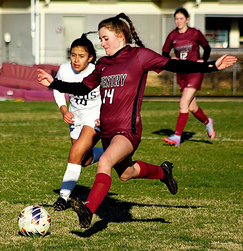 Randy Moll/Westside Eagle Observer
Gentry sophomore Cayci Capps moves the ball toward the goal during play against Bentonville West on March 13 at Gentry High School.