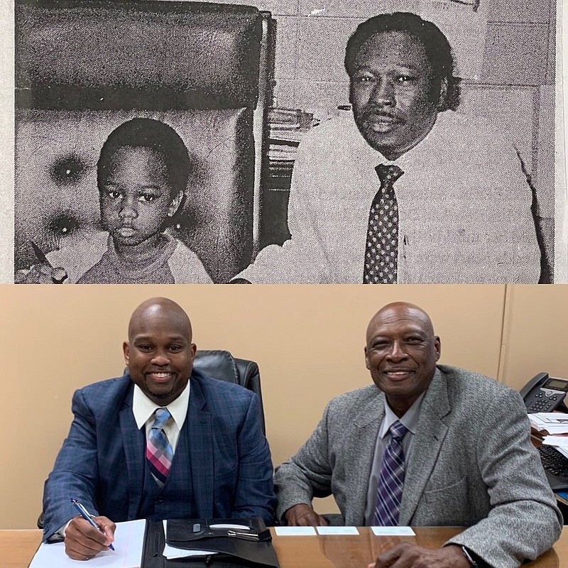 In the top photo, Matthew Rose (left) visited Bob Ware at his office in 1988. In 2023, they recreated the photo. (Special to The Commercial/University of Arkansas at Monticello)