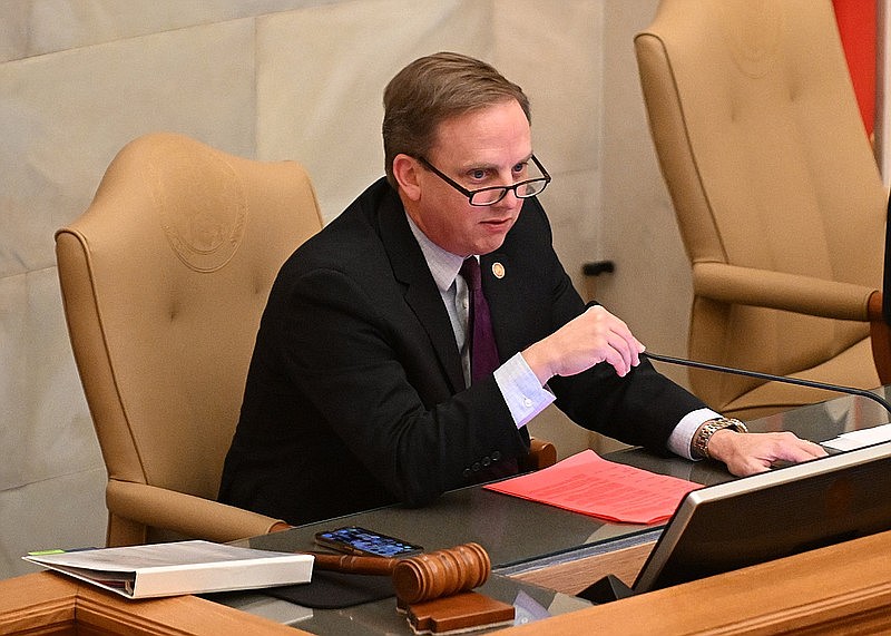 Speaker of the House Matthew Shepherd, R-El Dorado, asks if any legislators would like to speak for or against a bill during the house session Thursday at the state Capitol in Little Rock. (Arkansas Democrat-Gazette/Staci Vandagriff)