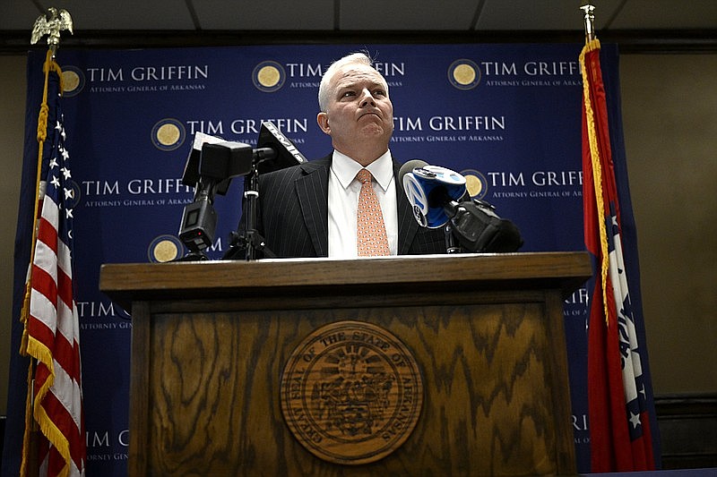 Attorney General Tim Griffin addresses the media during a news conference in Little Rock on Thursday, March 16, 2023.(Arkansas Democrat-Gazette/Stephen Swofford)