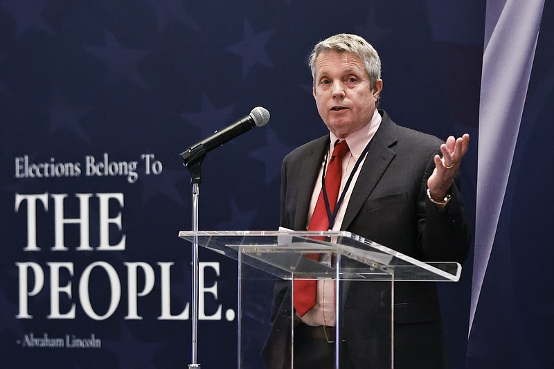 Ted Meisburger speaks during an Election Conspiracy Forum Saturday, March 11, 2023, in Franklin, Tenn. (AP Photo/Wade Payne)