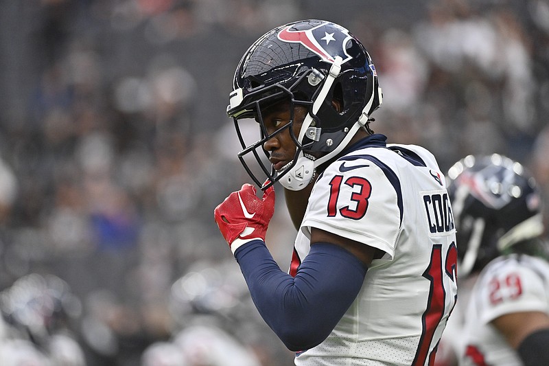 FILE - Houston Texans wide receiver Brandin Cooks looks on before an NFL football game against the Las Vegas Raiders on Oct. 23, 2022, in Las Vegas. The Dallas Cowboys acquired receiver Cooks in a trade with the Houston Texans on Sunday, March 19, 2023, adding a speedy veteran to play alongside CeeDee Lamb. (AP Photo/David Becker, File)