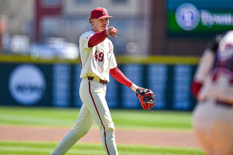 Cody Adcock of Texarkana, Arkansas, throws a pitch against Auburn on Sunday, March 19, 2023, in Fayetteville, Ark. (Photo courtesy of Arkansas Democrat-Gazette)