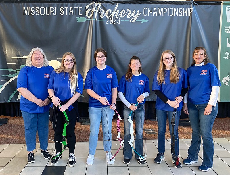 California Pintos Archery team members attended the Missouri National Archery in the Schools (MoNASP) State Archery Tournament in Branson on March 18, 2023. From left, Coach Maria Newkirk, Sophia McCullough, Ashley Bolinger, Brittney Johnson, Morgan Campbell and Coach Kayla Stewart. (Submitted/Courtesy of Maria Newkirk)