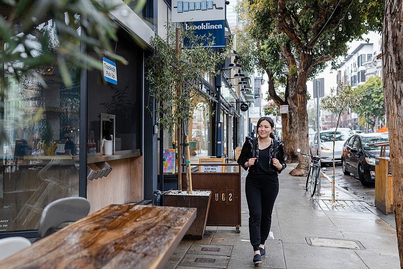 Gloria Felicia, co-founder of Speedify AI and start-up adviser at Spero Studios, takes a walk in the Hayes Valley neighborhood of San Francisco. (Photo for The Washington Post by Constanza Hevia H.)