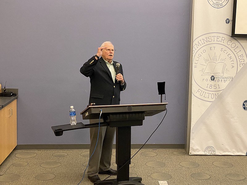 Anakin Bush/Fulton Sun photo: 
Archaeologist Douglas Scott presents at Westminster College about Civil War sites in Missouri and some of the artifacts found there. One of the battles discussed by Scott was the Battle of Moore's Mill, which took place in Callaway County near Calwood.