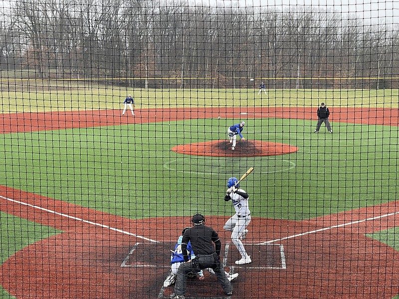 South Callaway's Ryan Lepper prepares to hit a pitch against Jametown's Tate Deacom Tuesday at South Callaway's baseball field in Mokane. Lepper singled to right field on that pitch. (Fulton Sun/Robby Campbell)