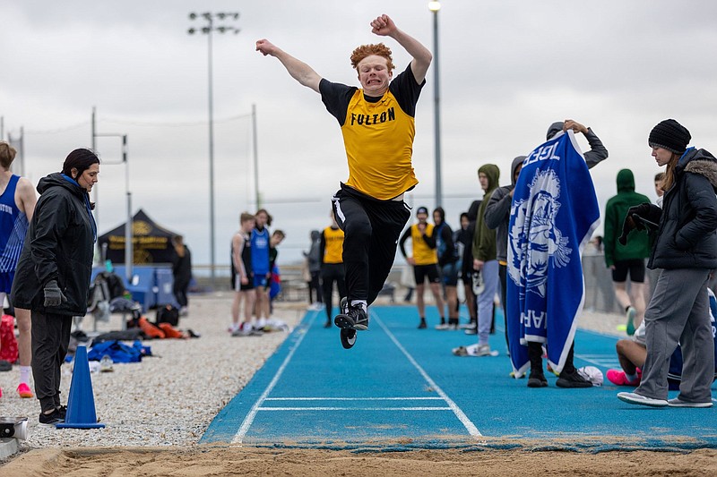 Fulton's Will Wagner-Yates leaps in the long jump event in the Montgomery County Early Invite Tuesday at Montgomery County High School in Montgomery City. (Courtesy/Alan Combs)