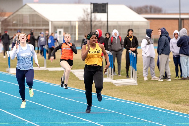Fulton's Heaven Hightower sprints in the 100-meter dash in the Montgomery County Early Invite Tuesday at Montgomery County High School in Montgomery City. Hightower won the event for the Hornets. (Courtesy/Alan Combs)